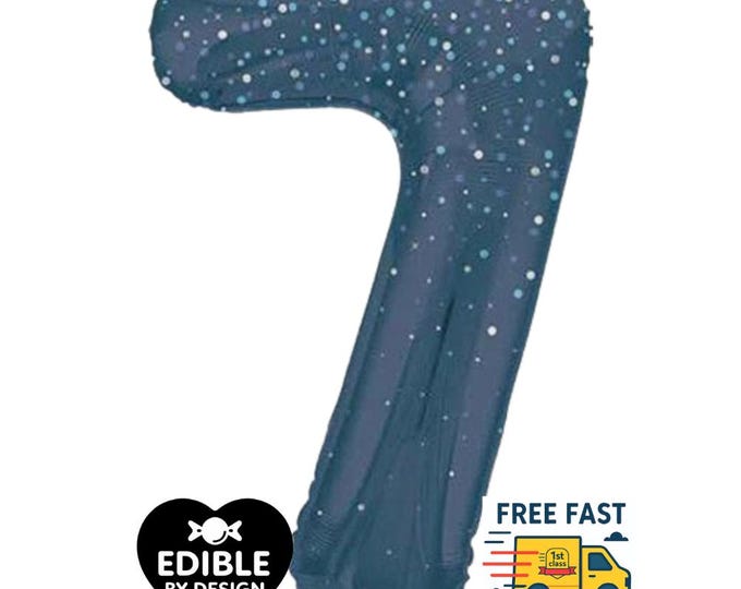 Giant Blue Glitter Number 7 Foil Balloon - Unique - 34" high max Age 7 Balloon for Helium or Air