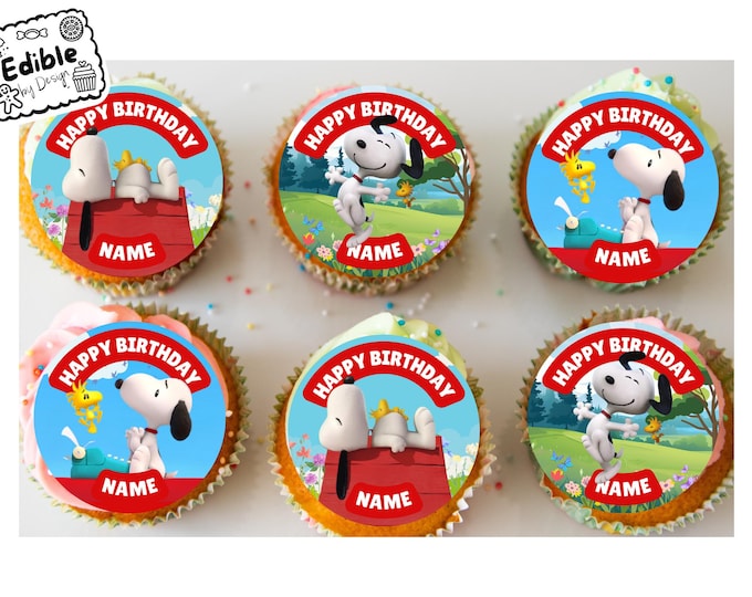Snoopy Woodstock Theme Birthday Party Cupcake Toppers Edible Circles printed with edible ink Personalised with Name of your choice 2" 3" 4"