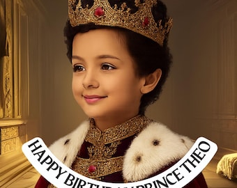 Photo Transformation Boy to Prince Personalised Cake Toppers: Edible Icing or Wafer matching Invitations Stickers Balloon Party Pack