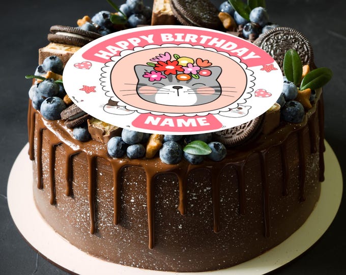 Cute Cats Theme Personalised Birthday Large Round Cake Topper: Edible Icing or Wafer
