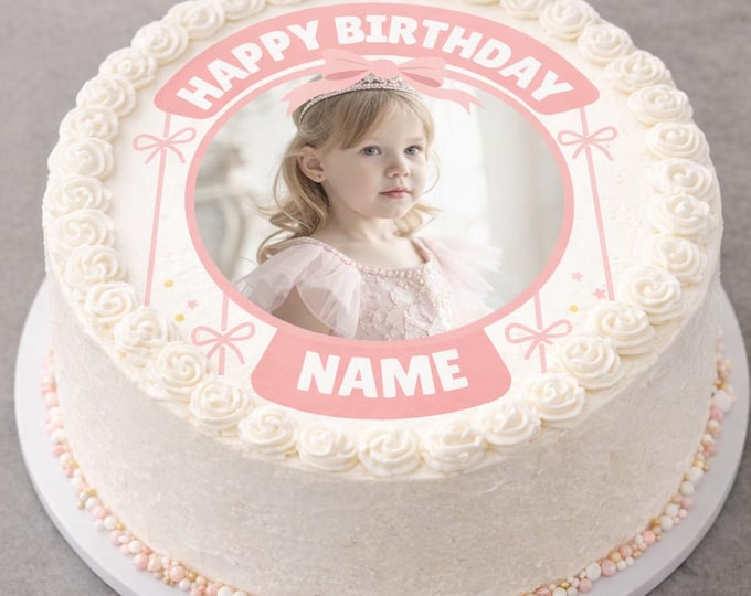 Personalised Pink Bow Photo Birthday Cake Toppers matching Invitations Stickers Balloon Party Pack