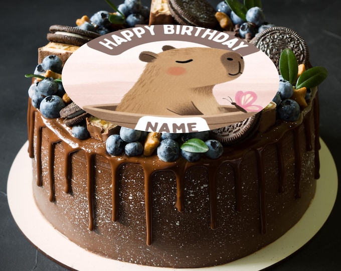 Personalised Capybara Birthday Large Round Cake Topper: Edible Capybara Party Decoration