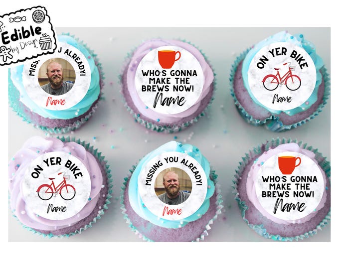 Funny Leaving Job New Job Cupcake Toppers Edible Circles printed with edible ink.  Personalised with Name and Photo of your choice! 2" 3" 4"