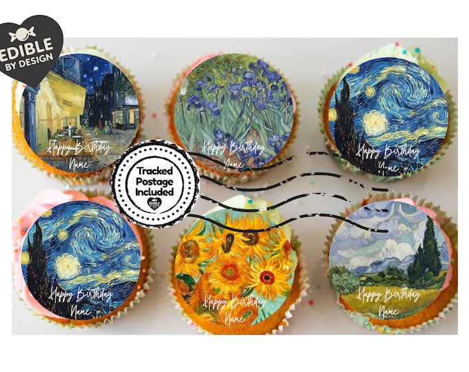 Personalised Van Gogh Cake Toppers: Starry Night, Sunflowers - Edible Icing or Wafer - Also Stickers or Foil Balloon