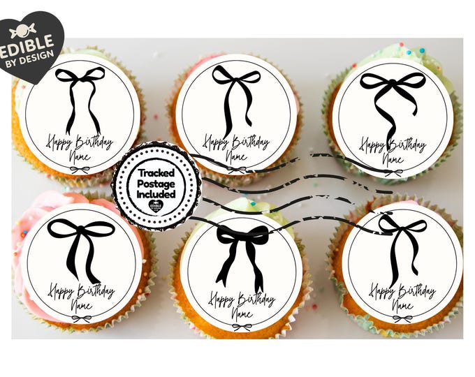 Personalised Birthday Cake Toppers: Black Ribbon Bow Designs matching Invitations Stickers Balloon Party Pack