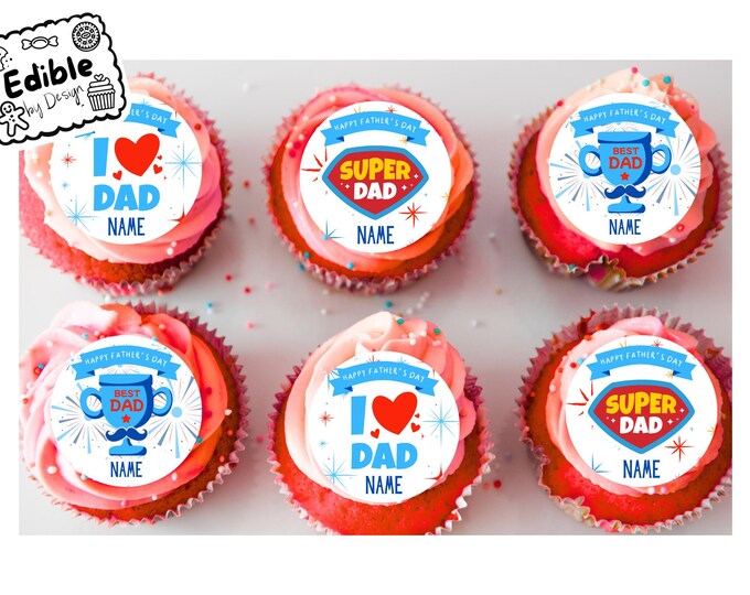 Fathers Day Best Dad Personalised 2" Cupcake Toppers 15 Edible Circles printed edible ink. Perfect Fathers Day themed Cake Toppers for Dad.