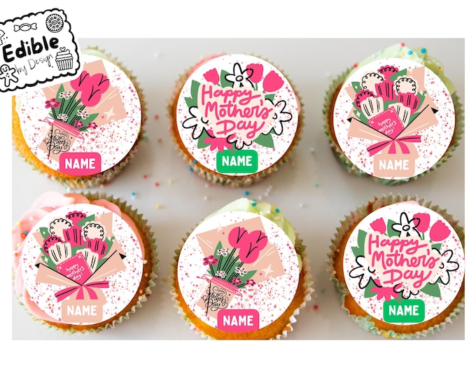 Mothers Day Flowers Personalised Cupcake Toppers Edible Circles printed edible ink. Perfect flowers themed Cake Toppers for Mum Mom 2" 3" 4"