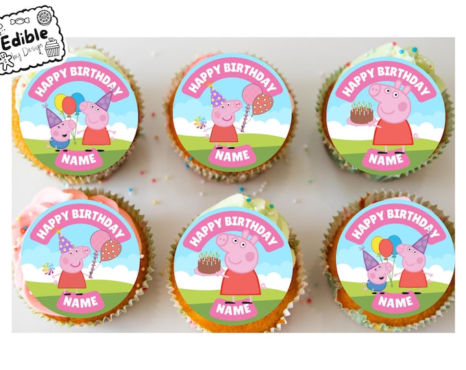 Peppa Pig Pink Theme Birthday Party Cupcake Toppers Edible Circles printed with edible ink Personalised with Name of your choice 2" 3" 4"