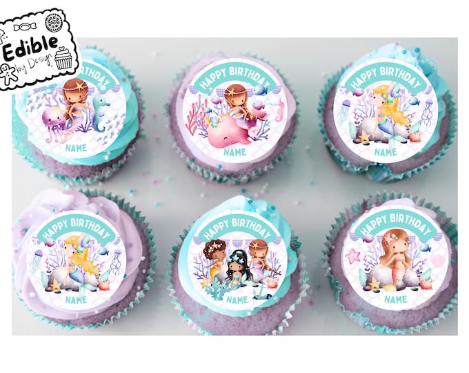 Mermaid Sea Theme Birthday 2" Cupcake Toppers x 15 Edible Circles printed with edible ink Personalised with Name of your choice Girls Party