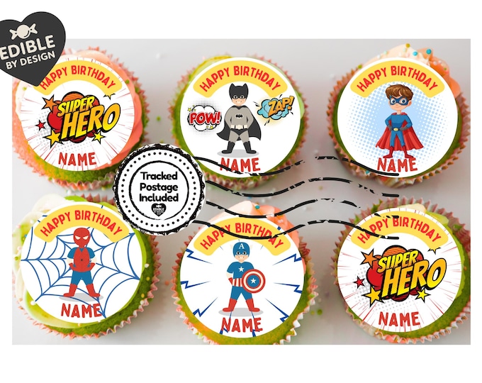 Super Hero Theme Birthday Cake Toppers Edible Circles matching Invitations Stickers Balloon Party Pack