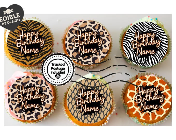 Personalised Animal Print Cake Toppers: Edible Icing or Wafer - Leopard, Zebra, Tiger, Snakeskin, Giraffe - Matching Balloon