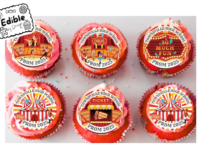 Prom Circus Big Top Clown Acrobat Personalised 2" Cupcake Toppers x 15 Edible Circles printed with edible ink. Circus decoration cupcakes