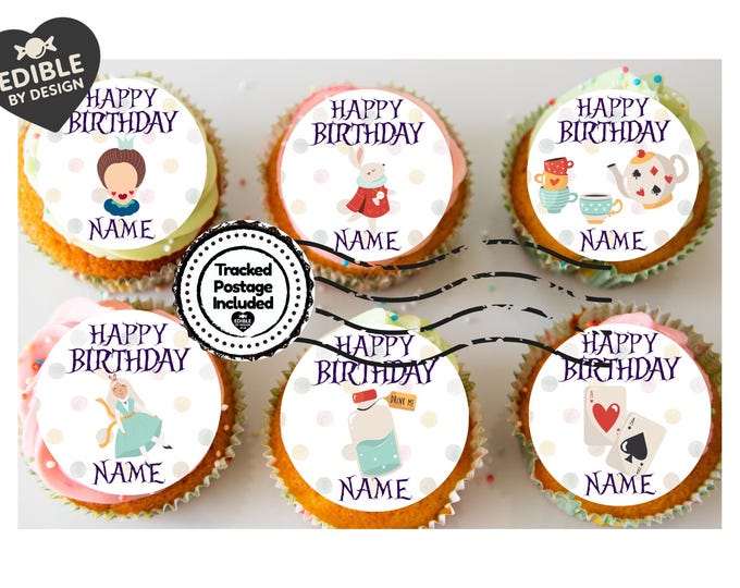 Personalised Alice in Wonderland Birthday Cake Toppers matching Invitations, Stickers, Foil Balloon, Party Pack