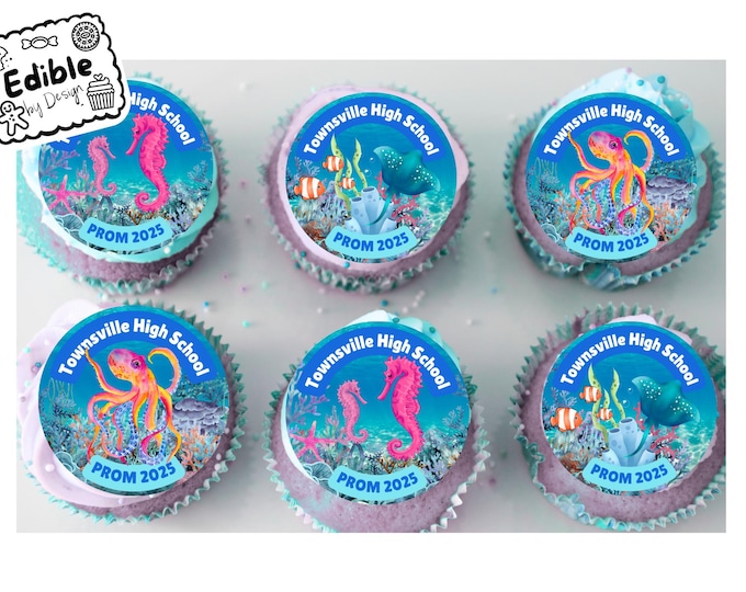 Prom Under The Sea Theme Personalised 2" Cupcake Toppers x 15 Edible Circles printed with edible ink. Fish sea theme decoration cupcakes