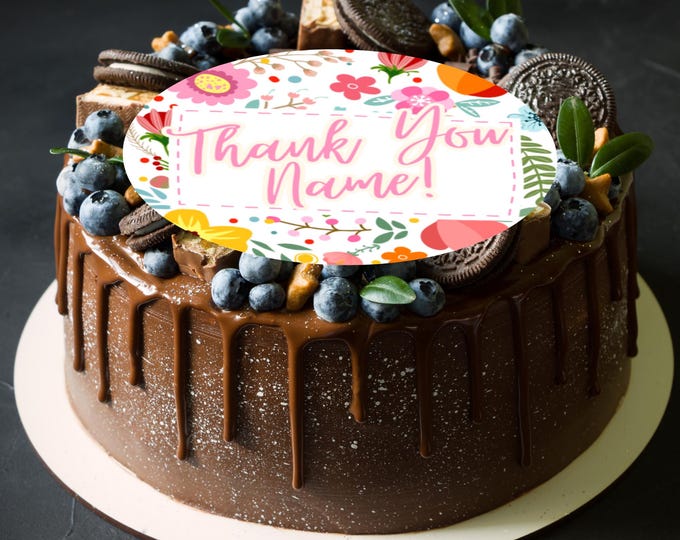 Personalised Thank You Floral Large Round Cake Topper: Edible Icing or Wafer