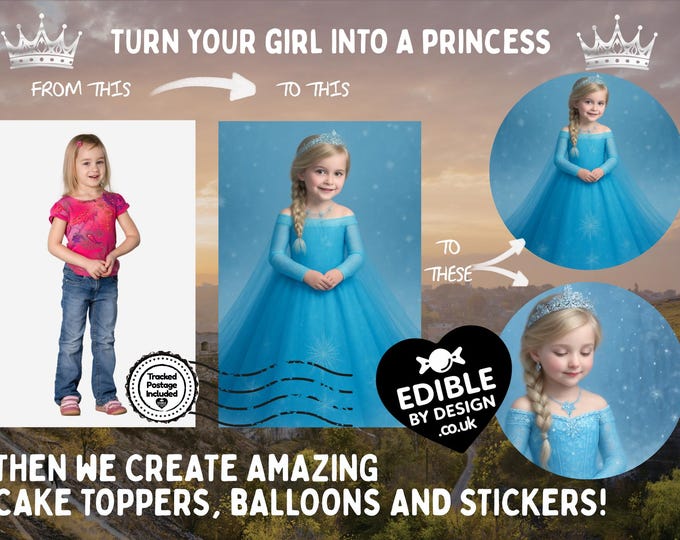 Photo Transformation to Ice Princess Personalised Cake Toppers: Edible Icing or Wafer matching Invitations Stickers Balloon Party Pack