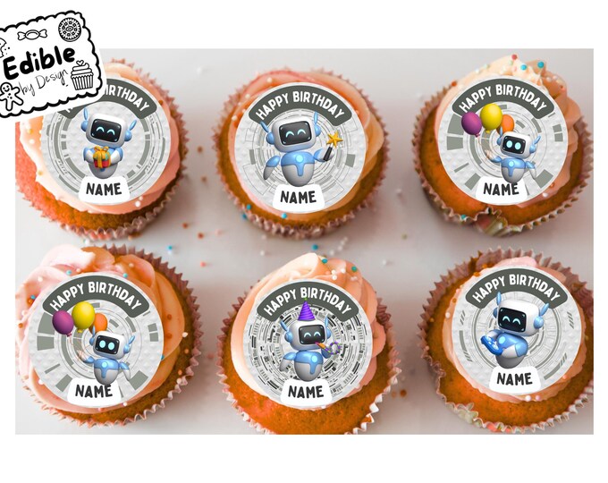 Robot Theme Birthday 2" Cupcake Toppers x 15 Edible Circles printed with edible ink Personalised with Name of your choice! Robot Party Theme