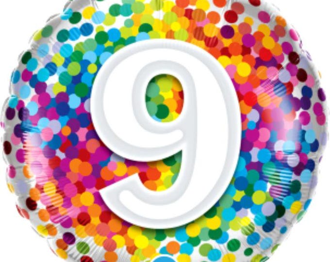 Rainbow Confetti Foil Number 9 Balloon - Qualatex - 18" round Balloon for Helium or Air