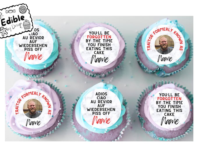 Funny Leaving Job New Job 2" Cupcake Toppers x 15 - Edible Circles printed with edible ink.  Personalised with Name & Photo of your choice!