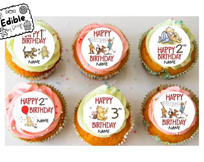 Winnie the Pooh Classic Happy Birthday Personalised  2" Round Cupcake Toppers x 15 Edible Circles printed edible ink Perfect child birthday