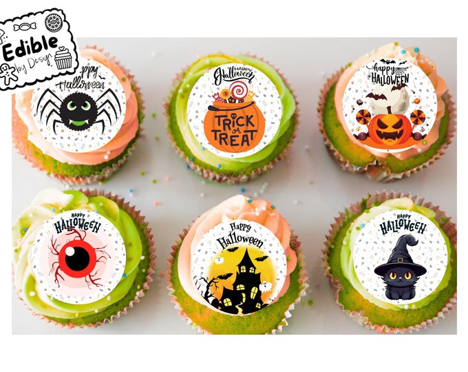 Halloween 2" Cupcake Toppers x 15 Edible Circles printed with edible ink. Edible toppers ready to put on your cakes! Spooky Theme Toppers