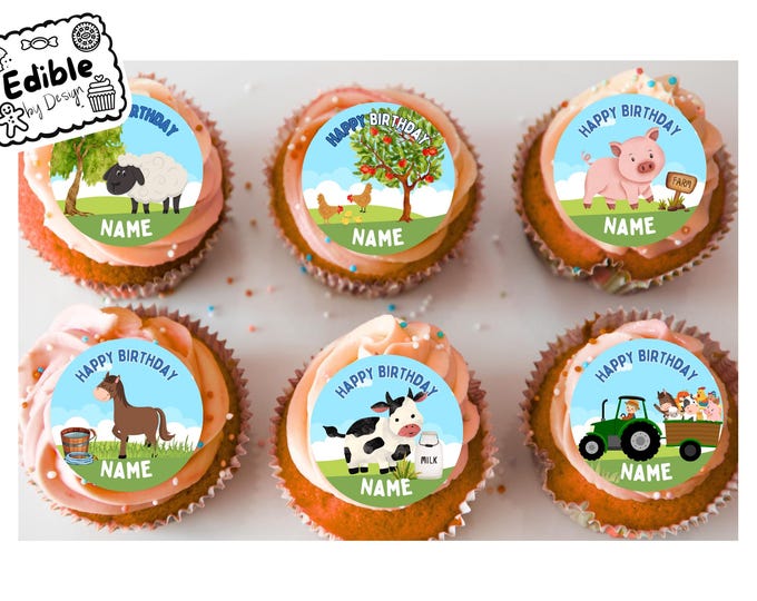 Farmyard Theme Birthday 2" Cupcake Toppers x 15 Edible Circles printed with edible ink Personalised with Name of your choice Cow Pig Chicken