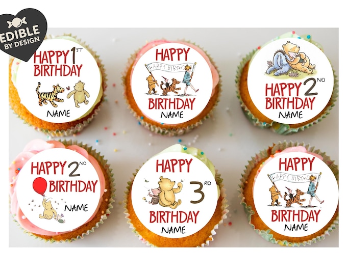 Winnie the Pooh Classic Happy Birthday Personalised Cake Toppers matching Invitations Stickers Balloon Party Pack