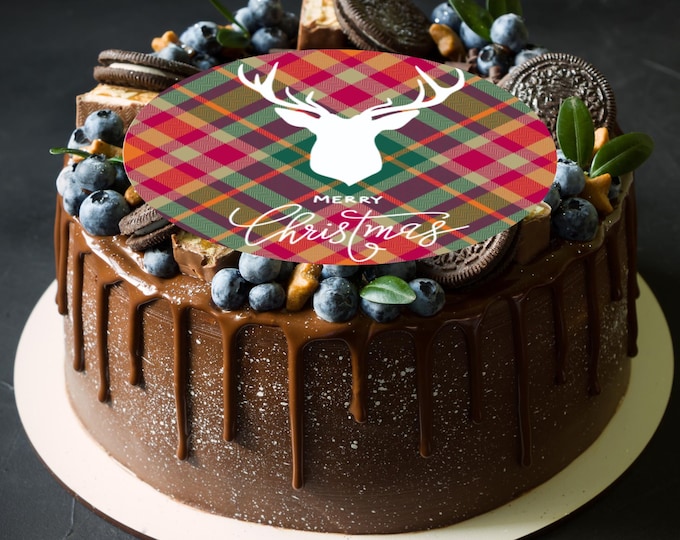 Tartan Stag Christmas Print Large Round Cake Topper: Cake Decoration in Icing or Wafer