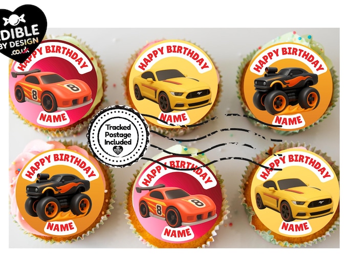 Race Car Theme Birthday Cupcake Toppers Edible Circles matching Invitations Stickers Balloon Party Pack