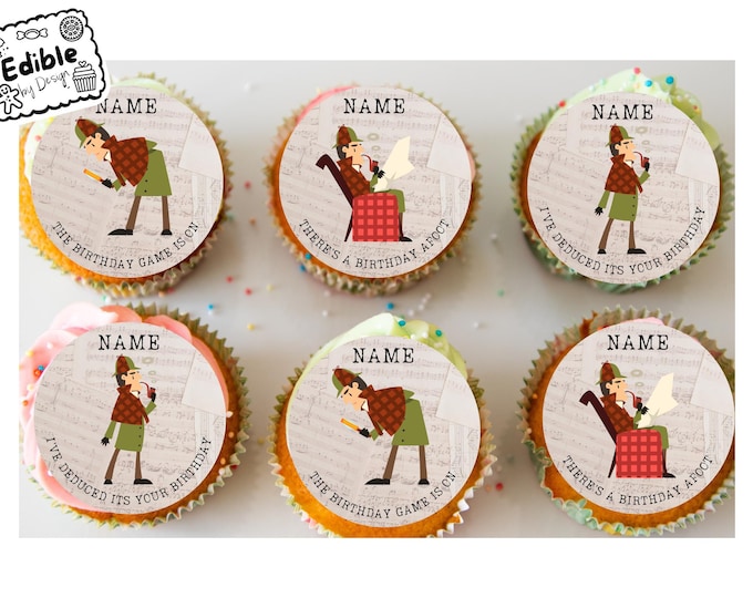 Sherlock Holmes Theme Personalised Birthday Cupcake Toppers Edible Circles printed edible ink Perfect Sherlock Themed Birthday 2" 3" 4"