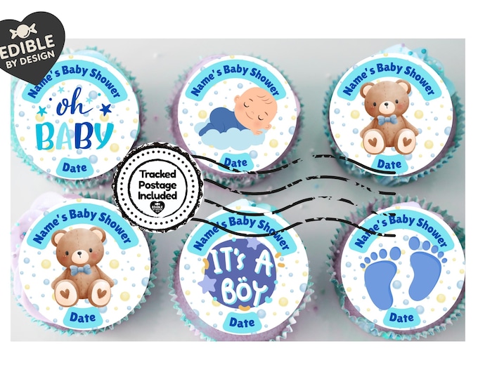 Personalised Baby Boy Shower Cupcake Toppers: Blue Baby Theme, Edible Ink on Icing or Wafer matching Stickers & Balloon available