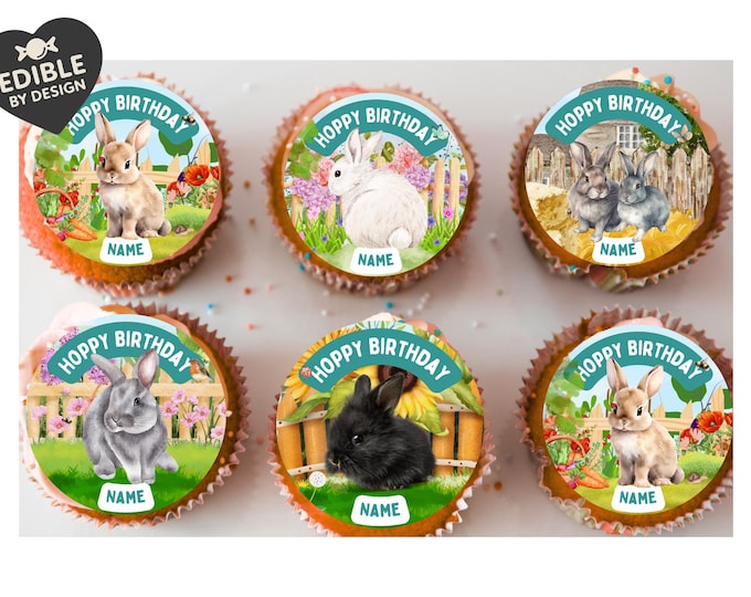 Personalised Rabbit Garden Cake Toppers: Edible Icing or Wafer matching Invitations Stickers Balloon Party Pack