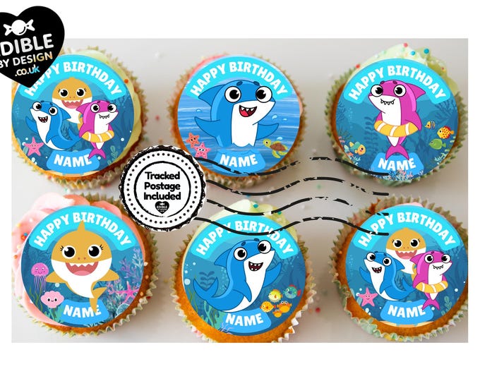 Cute Shark Theme Birthday Cake Toppers Edible matching Invitations Stickers Balloon Party Pack