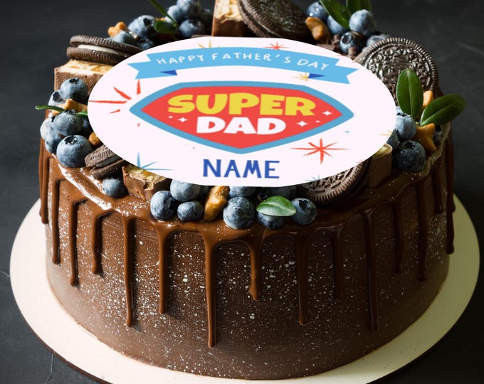 Fathers Day Hero Theme 8" Round Cake Topper x 1 Edible Circle printed with edible ink, personalised with name and Happy Fathers Day.