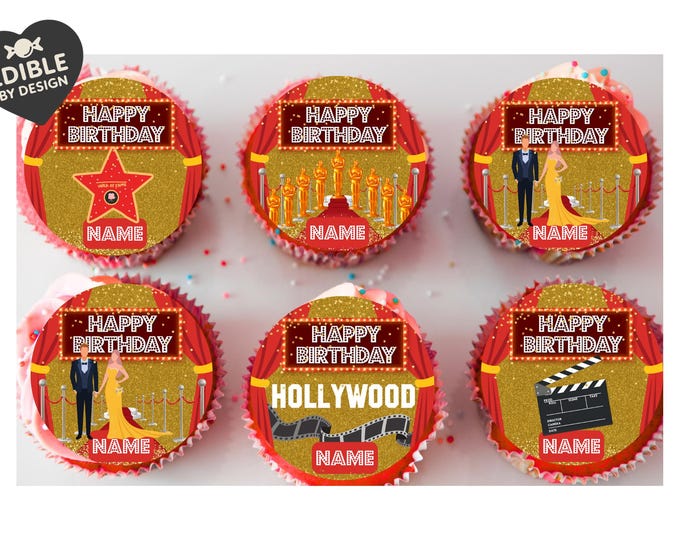 Personalised Hollywood Theme Cake Toppers: Red Carpet Oscar Theme Icing or Wafer matching Invitations Stickers Balloon & Party Pack