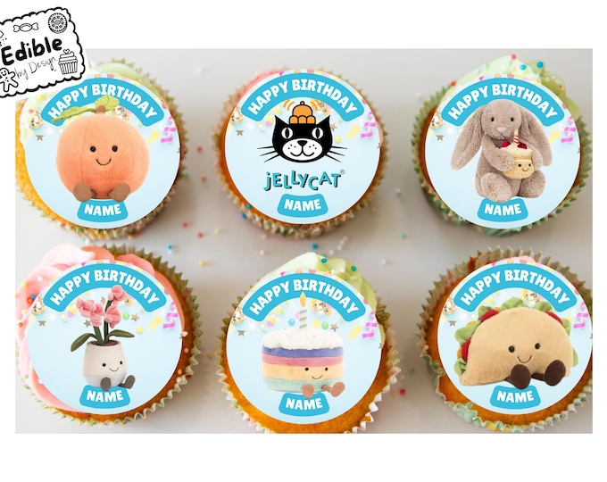JellyCat Theme Birthday 2" Cupcake Toppers x 15 Edible Circles printed with edible ink Personalised with Name of your choice Cute Jelly Cat