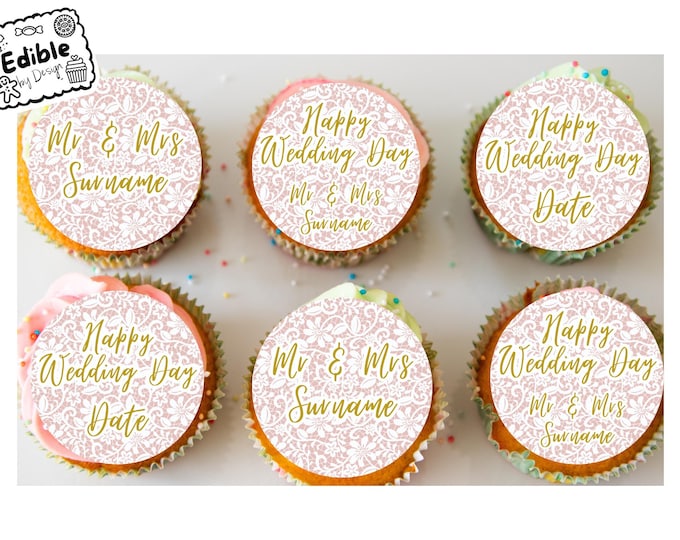 Personalised Mr & Mrs Wedding Cupcake Toppers Place settings: Edible Icing or Wafer