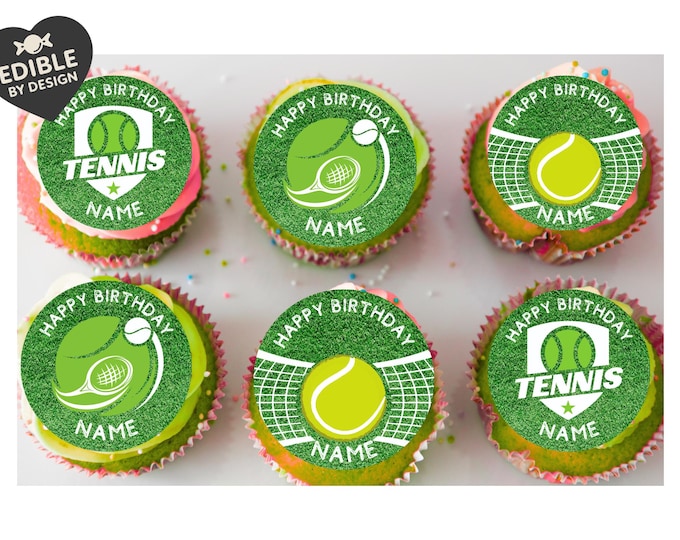 Tennis Theme Birthday Cake Toppers with name and age on Wafer or Icing