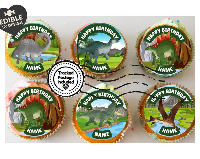 Personalised Dinosaur Happy Birthday Cake Toppers matching Invitations Stickers Balloon Party Pack