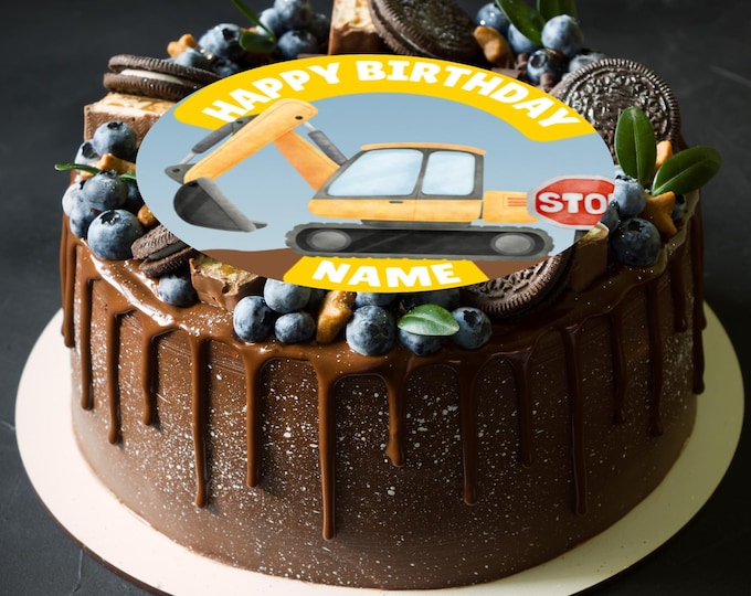 Digger Building Site Personalised Birthday Large Round Cake Topper: Edible Construction Theme