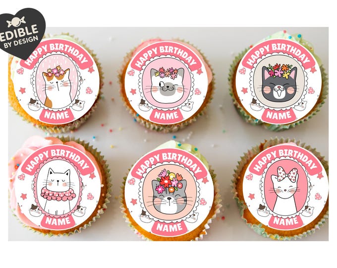 Cute Cat Personalised Birthday Cake Toppers Icing or Wafer matching Invitations Stickers Balloon Party Pack