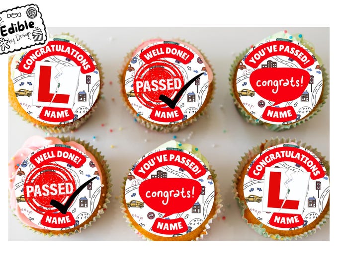 Personalised Driving Test Pass Cupcake Toppers Edible Ink on Icing or Wafer