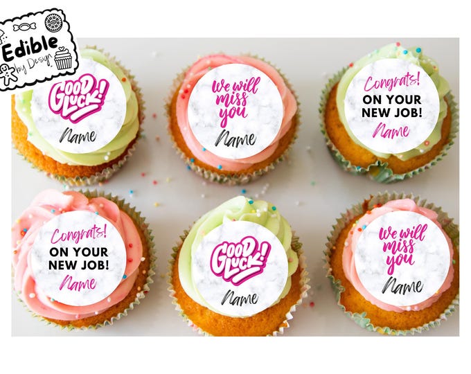 Pink Leaving Job New Job 2" Cupcake Toppers x 15 - Edible Circles printed with edible ink.  Personalised with name of your choice!