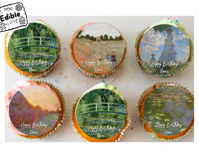 Personalised Monet Birthday Cupcake Toppers: Edible Icing or Wafer designs include Water Lilies, Japanese Bridge