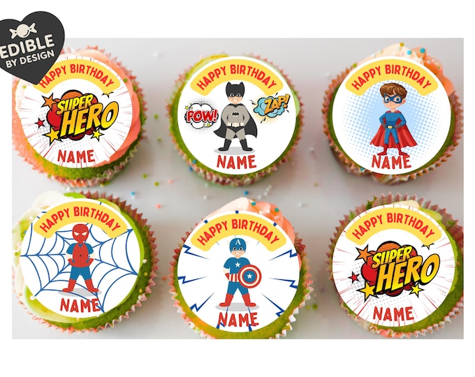 Super Hero Theme Birthday Cake Toppers Edible Circles matching Invitations Stickers Balloon Party Pack