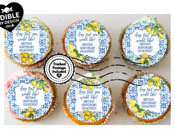 Italianate Blue Tile Lemon Edible Cake Toppers on Icing or Wafer: Stickers Invitations Balloon
