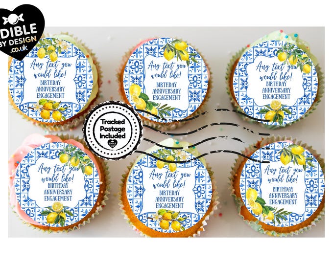 Italianate Blue Tile Lemon Edible Cake Toppers on Icing or Wafer: Stickers Invitations Balloon