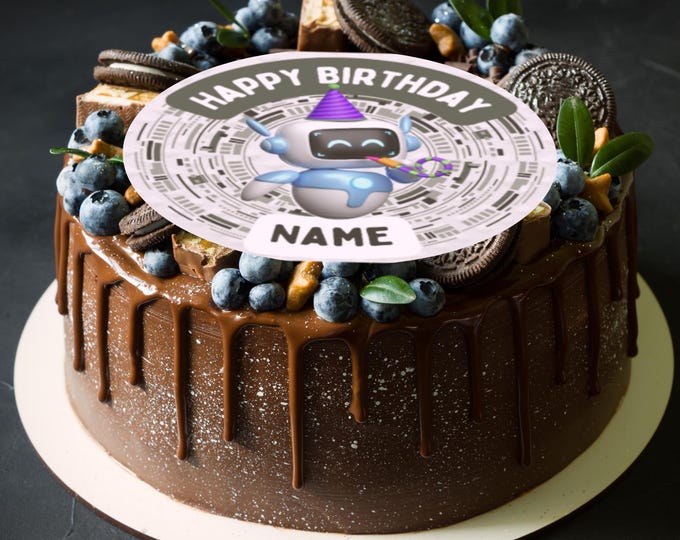 Robot Theme Round Birthday 8" Cake Topper x 1 Edible Circle printed with edible ink Personalised with Name of your choice! Robot Party Theme