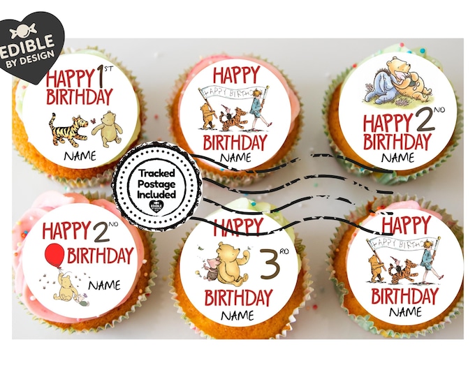 Winnie the Pooh Classic Happy Birthday Personalised Cake Toppers matching Invitations Stickers Balloon Party Pack