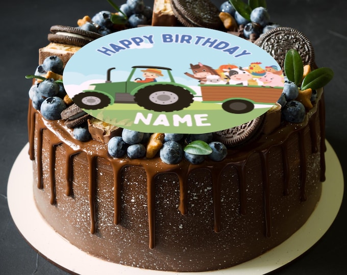 Farmyard Theme Birthday 8" Cake Topper x 1 Edible Circle printed with edible ink Personalised with Name of your choice Cow Pig Chicken Horse